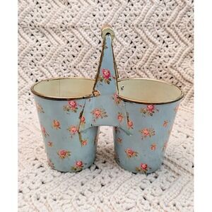 Big Fortune Blue Rose Floral Tin Double Caddy Handle M1143 Shabby Chic Decor